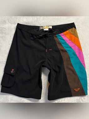 Y2K ROXY women's black multi colour embroidered 9" board shorts, 27".